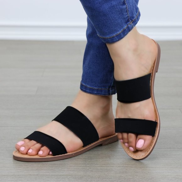 Slip On 2 Strap Flat slider Sandal Black Velvet - Picture 10 of 10